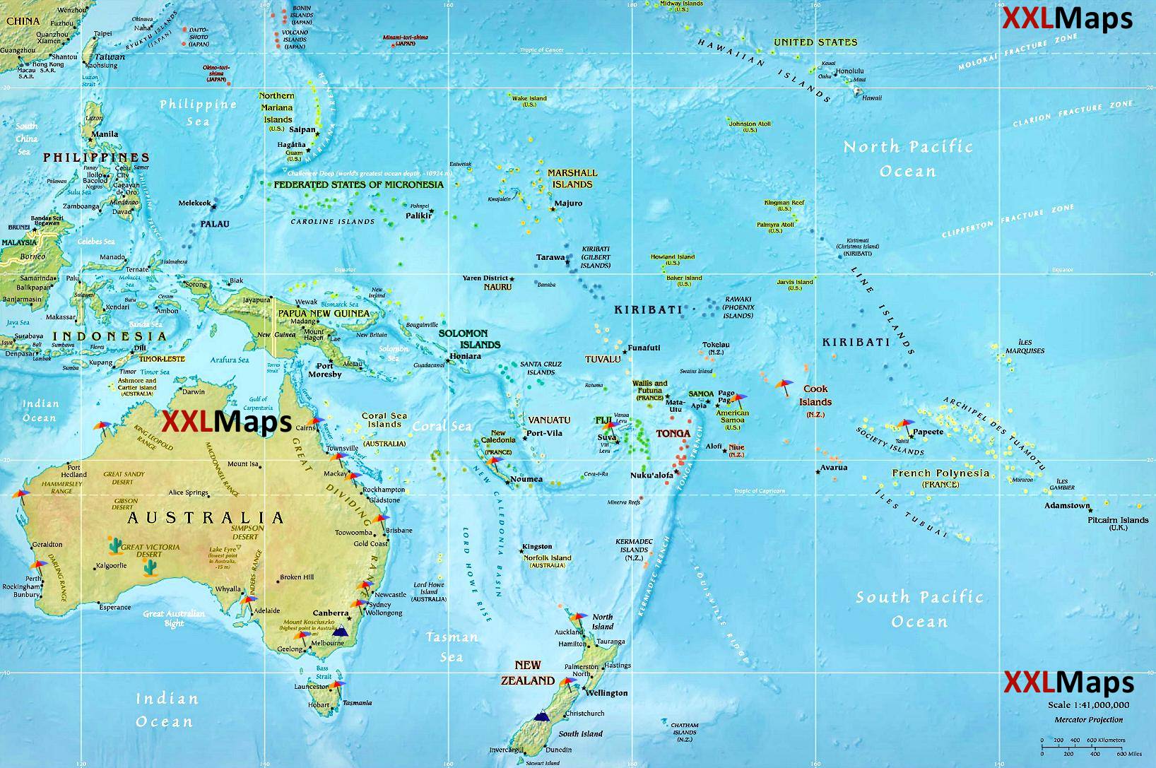 Fysische kaart van Australië & Oceanië