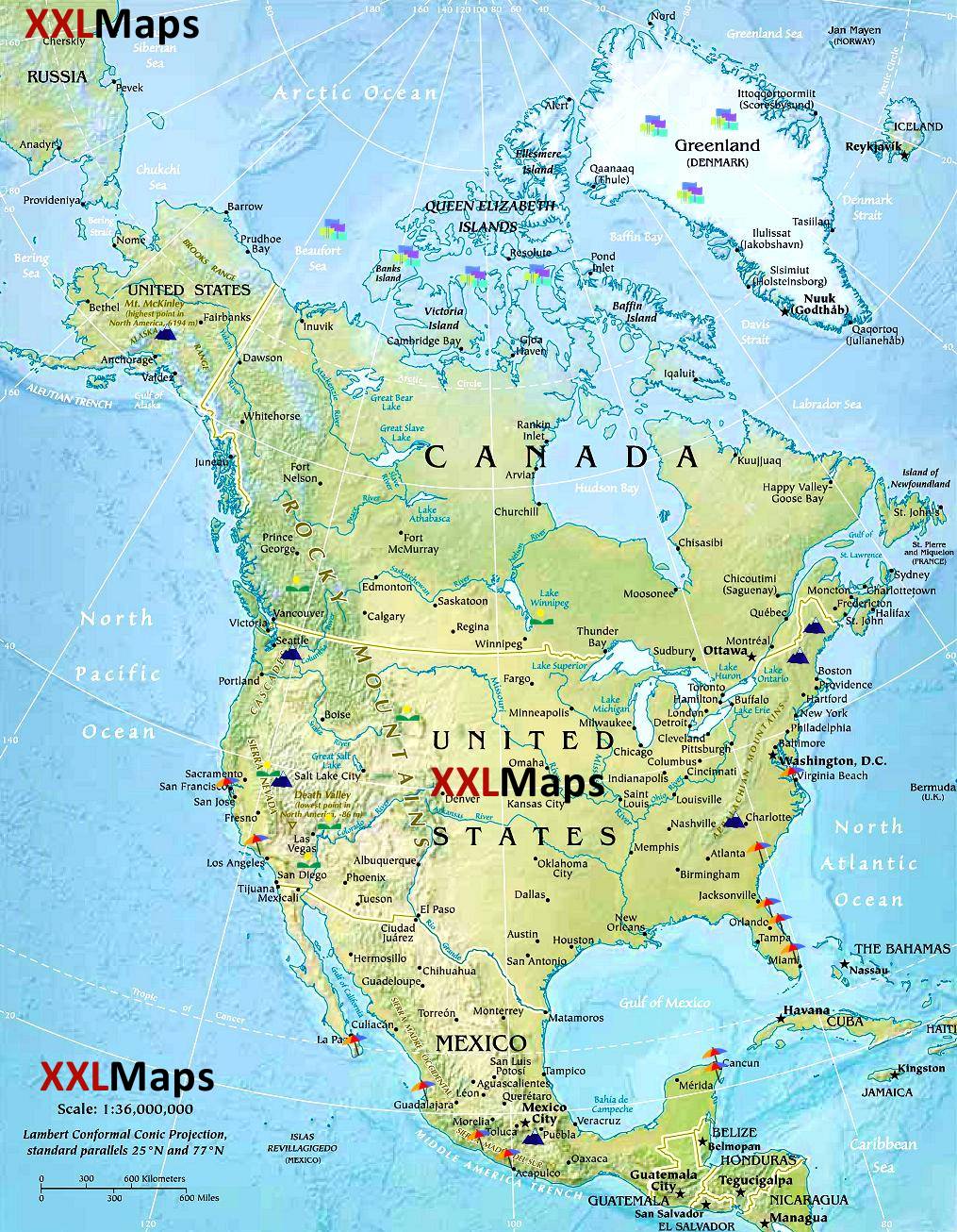 Mapa físico de América do Norte