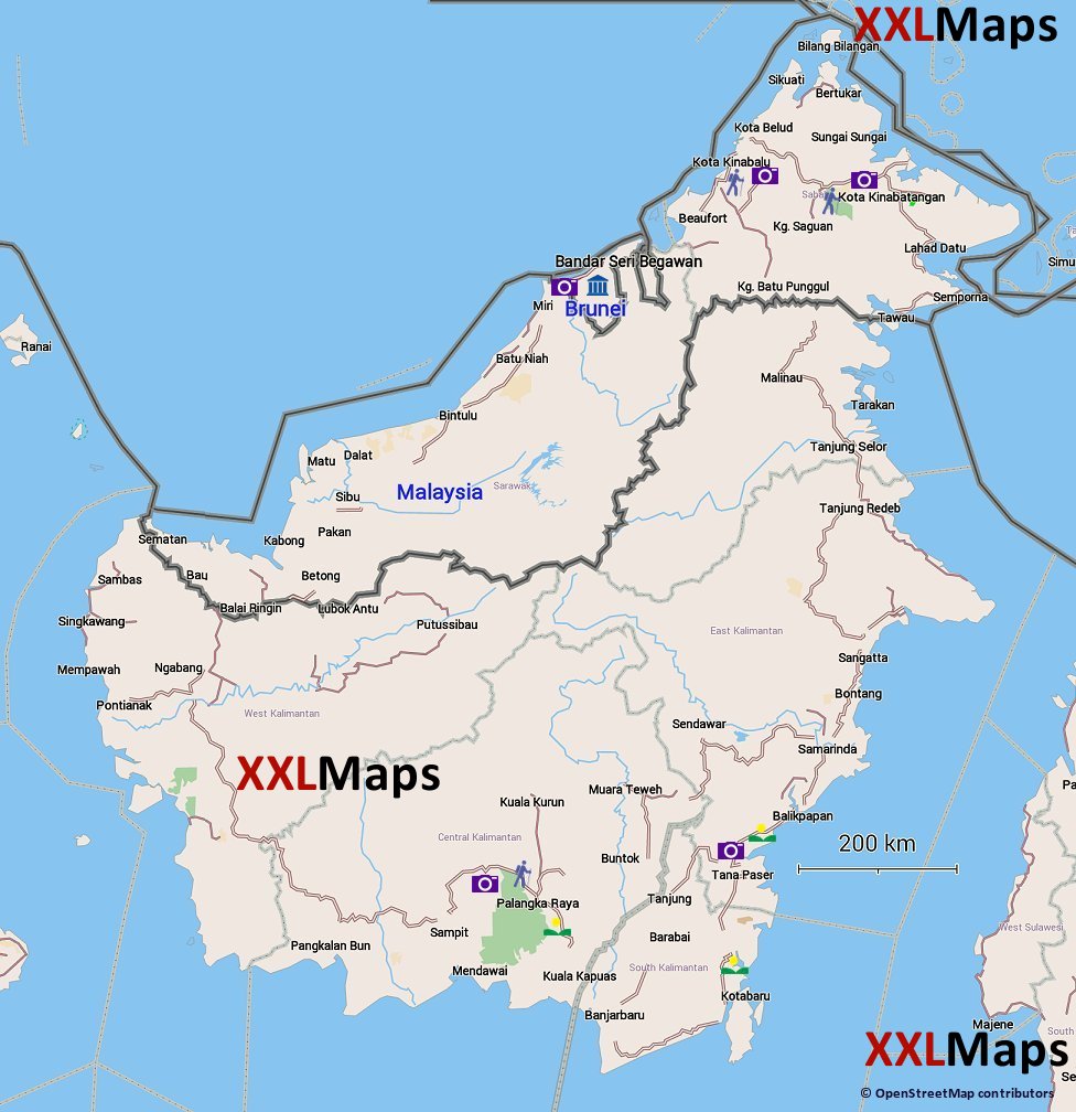 Mapa físico de Borneo (Calimantan)