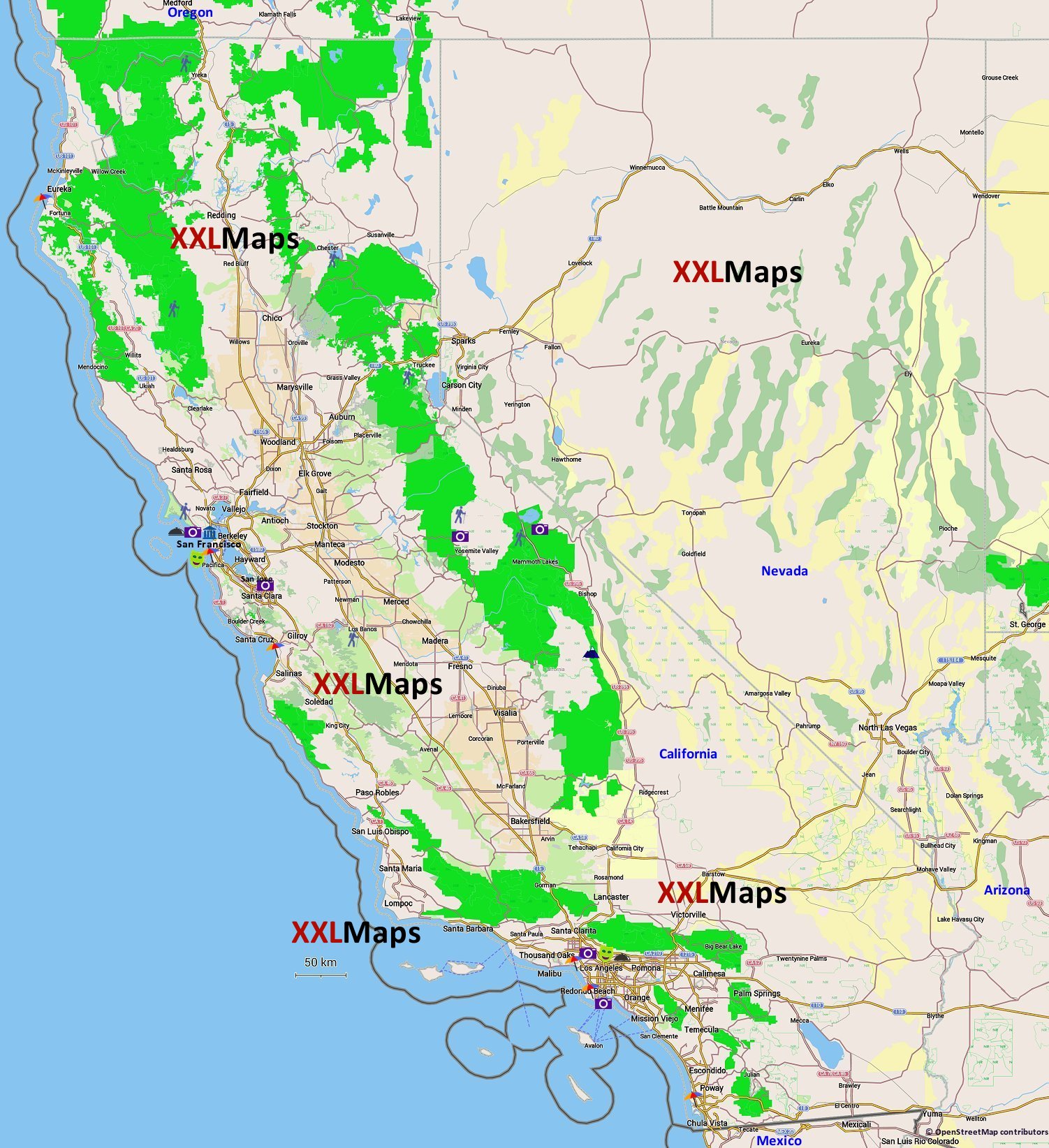 Fysische kaart van California (USA)