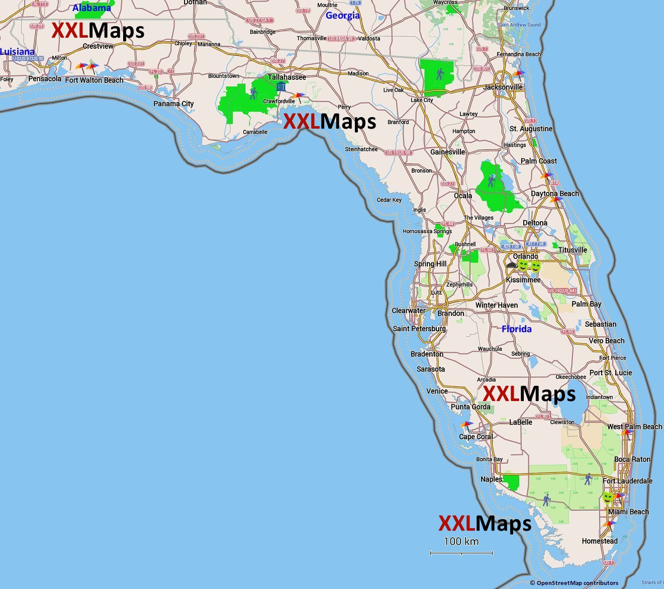 Mapa físico de Flórida (EUA)