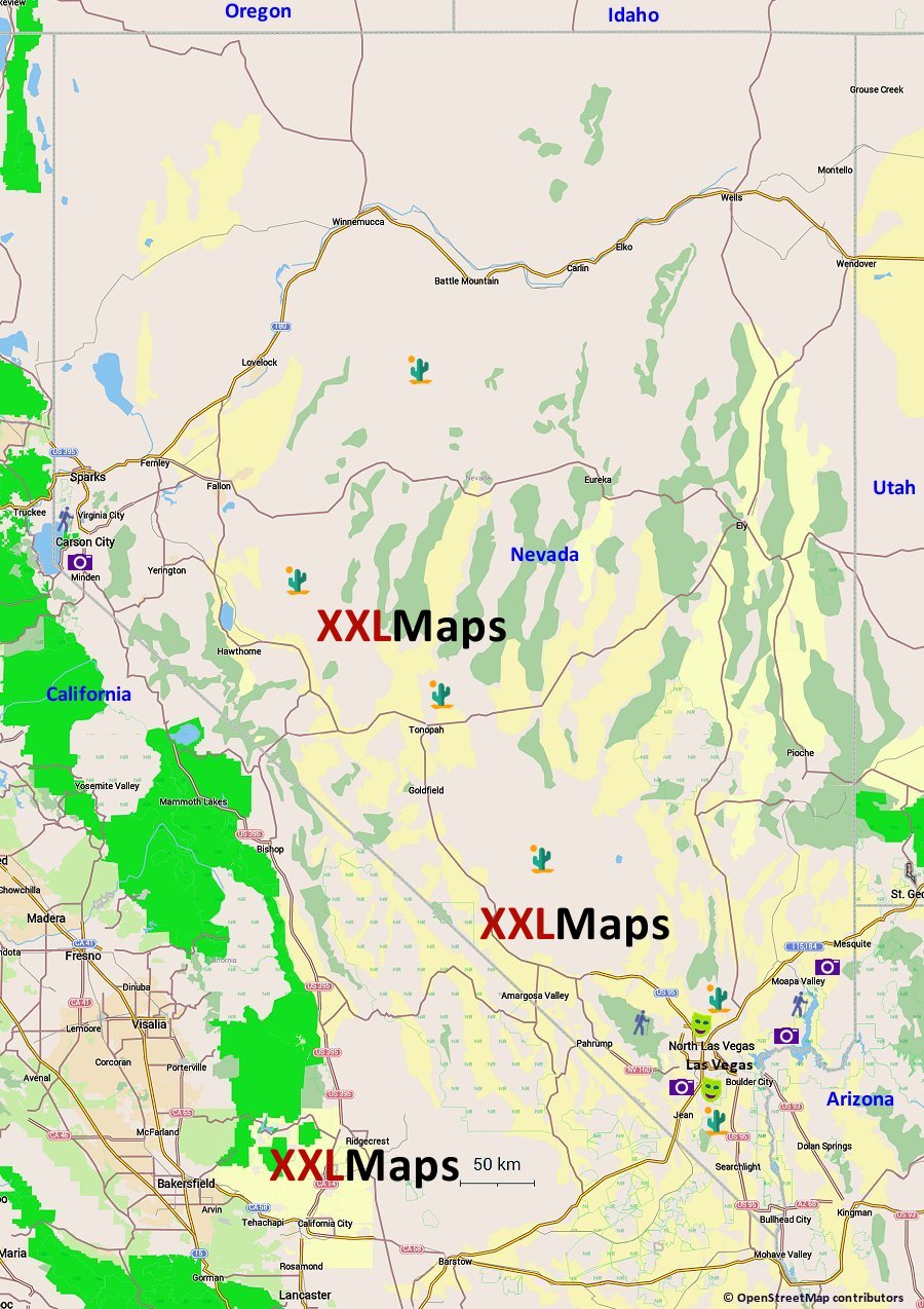 Mapa físico de Nevada (EUA)