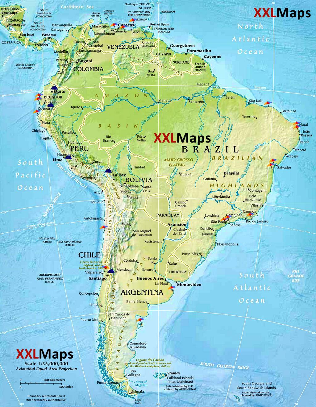 Fysische kaart van Zuid-Amerika